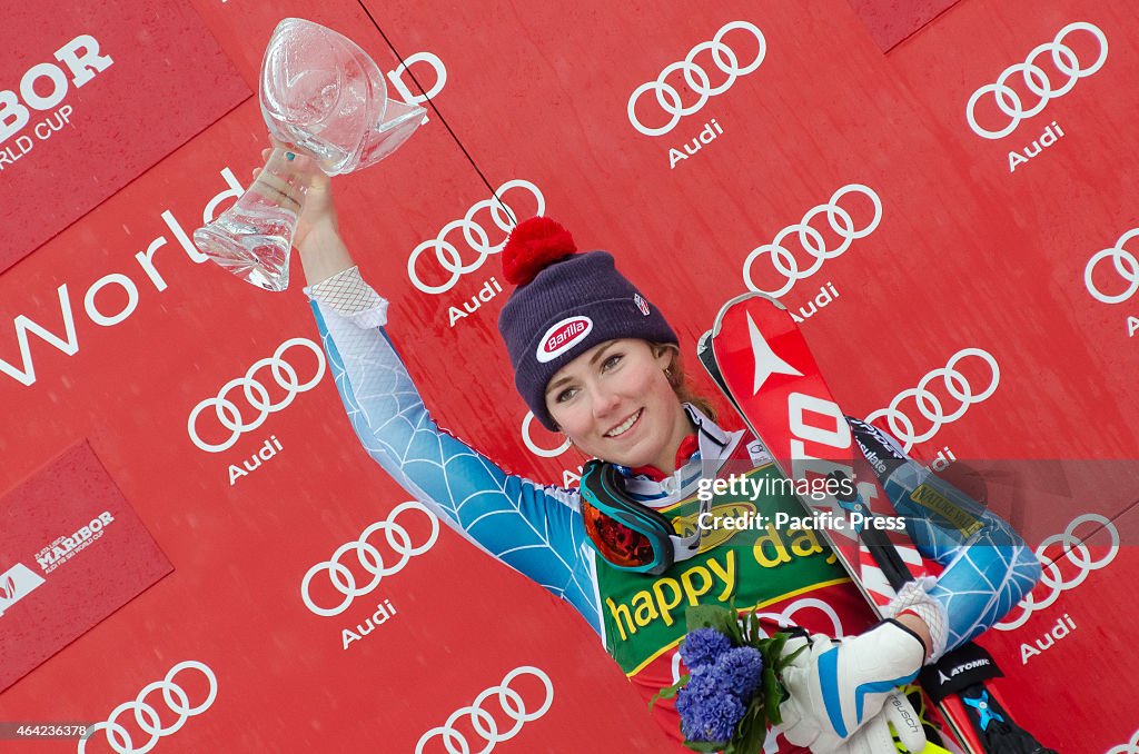 Mikaela Shiffrin (USA) on the podium celebrating her first...