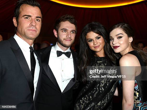 ActorJustin Theroux, producer/DJ Zedd, recording artist/actress Selena Gomez, and actress Hailee Steinfeld attend the 2015 Vanity Fair Oscar Party...