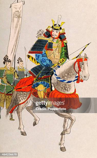 Vintage illustration featuring a Japanese samurai warrior in full regalia and carrying a longbow on horseback followed by two Japanese soldiers with...