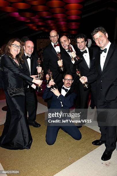 Oscar winnersa Frances Hannon, Mark Coulier, Mat Kirkby, Chris Williams, Thomas Curley, Craig Mann, and Adam Stockhause attend the 2015 Vanity Fair...