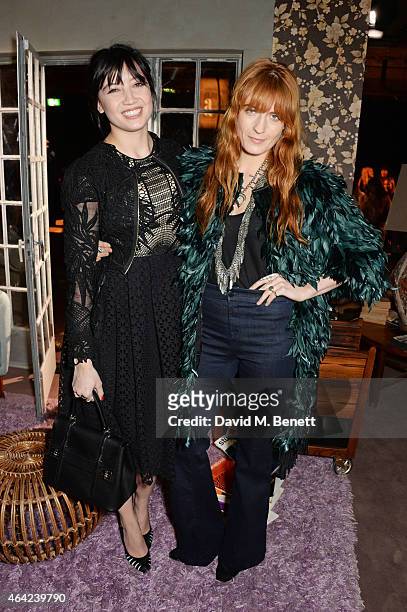 Daisy Lowe and Florence Welch attend the Erdem show during London Fashion Week Fall/Winter 2015/16 at Old Selfridges Hotel on February 23, 2015 in...