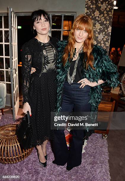 Daisy Lowe and Florence Welch attend the Erdem show during London Fashion Week Fall/Winter 2015/16 at Old Selfridges Hotel on February 23, 2015 in...