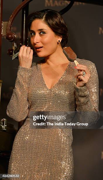 Kareena Kapoor Khan speaks with the media at the launch of Magnum ice-creams during a press conference in New Delhi.