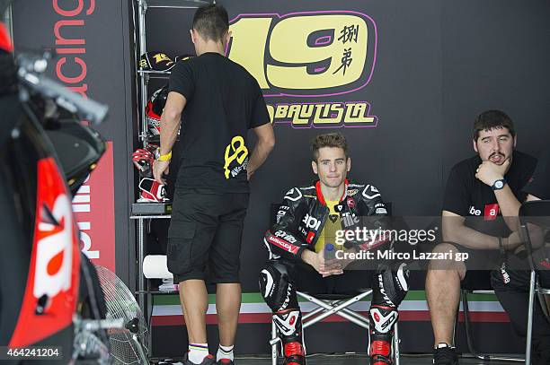 Alvaro Bautista of Spain and Factory Aprilia Gresini looks on in box during the MotoGP Tests in Sepang - Day One at Sepang Circuit on February 23,...