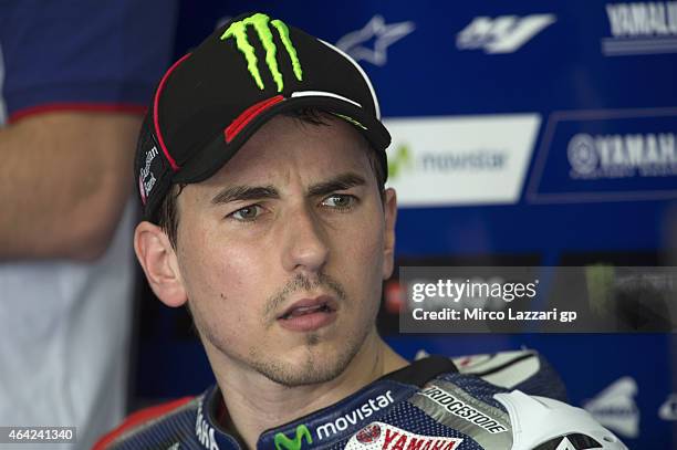 Jorge Lorenzo of Spain and Movistar Yamaha MotoGP looks on in box during the MotoGP Tests in Sepang - Day One at Sepang Circuit on February 23, 2015...