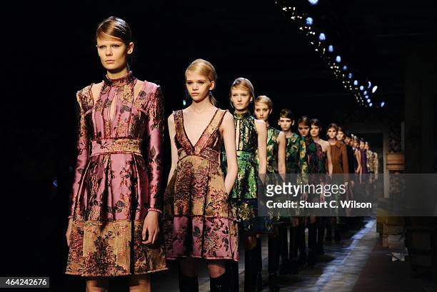 Models walk the runway at the Erdem show during London Fashion Week Fall/Winter 2015/16 at Old Selfridges Hotel on February 23, 2015 in London,...