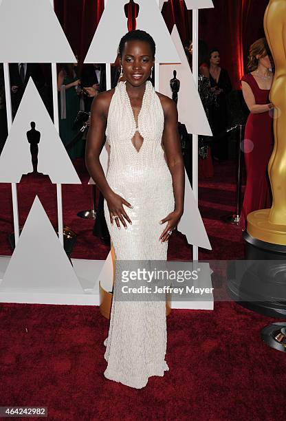 Actress Lupita Nyong'o arrives at the 87th Annual Academy Awards at Hollywood & Highland Center on February 22, 2015 in Hollywood, California.