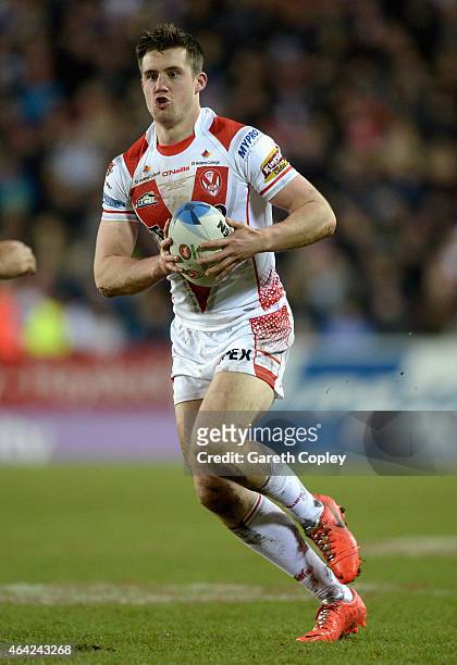 Joe Greenwood of St Helens in action during the World Club Series match between St Helens and South Sydney Rabbitohs at Langtree Park on February 22,...