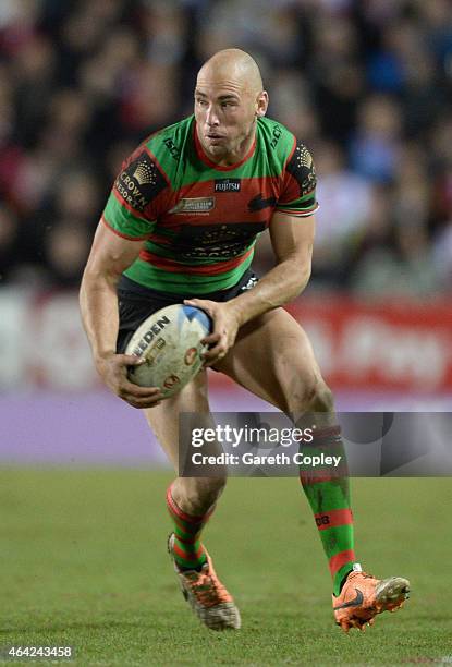 Ben Lowe of South Sydney Rabbitohs in action during the World Club Series match between St Helens and South Sydney Rabbitohs at Langtree Park on...