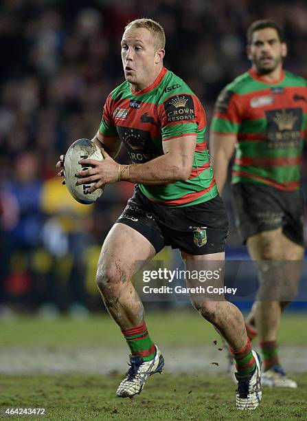 Jason Clark of South Sydney Rabbitohs in action during the World Club Series match between St Helens and South Sydney Rabbitohs at Langtree Park on...