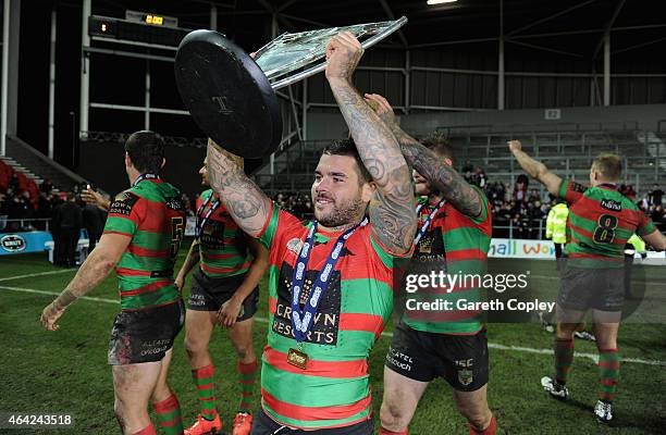 Adam Reynolds of South Sydney Rabbitohs celebrates after winning the World Club Series match between St Helens and South Sydney Rabbitohs at Langtree...