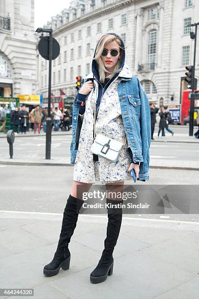 Fashion Blogger Elsa Ekman wears all River Island with a vintage denim jacket on day 3 of London Collections: Women on February 22, 2015 in London,...