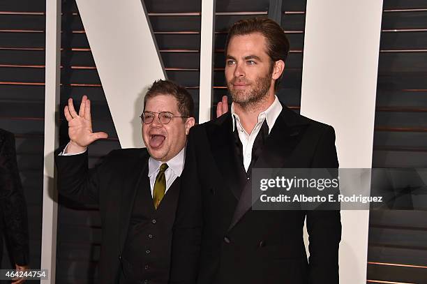 Actor Patton Oswalt photobombs actor Chris Pine during the 2015 Vanity Fair Oscar Party hosted by Graydon Carter at Wallis Annenberg Center for the...