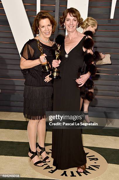 Filmmakers Ellen Goosenberg Kent and Dana Perry and attend the 2015 Vanity Fair Oscar Party hosted by Graydon Carter at Wallis Annenberg Center for...