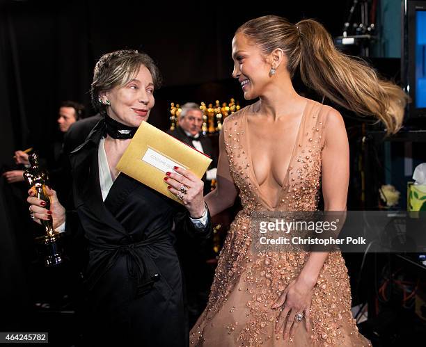 Costume designer Milena Canonero, winner of the Best Costume Design Award for 'The Grand Budapest Hotel' , and recording artist Jennifer Lopez attend...