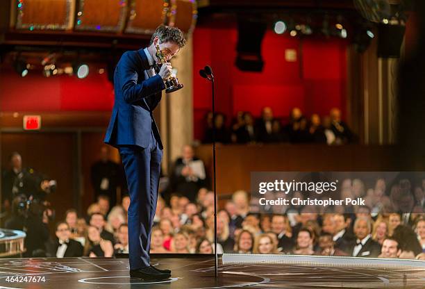 Actor Eddie Redmayne speaks onstage after winning his award for best Actor in a Leading Role during the 87th Annual Academy Awards at Dolby Theatre...