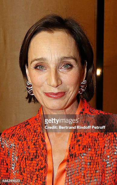 Kristin Scott Thomas attends the Giorgio Armani Prive show as part of Paris Fashion Week Haute Couture Spring/Summer 2014 on January 21, 2014 in...