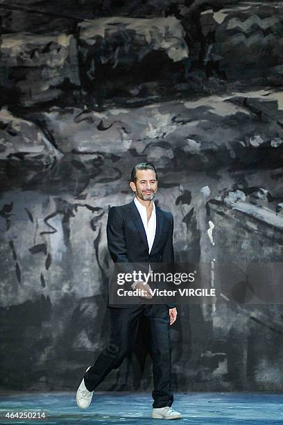 Designer Marc Jacobs walks the runway at the Marc Jacobs fashion show during Mercedes-Benz Fashion Week Fall 2015 at Park Avenue Armory on February...
