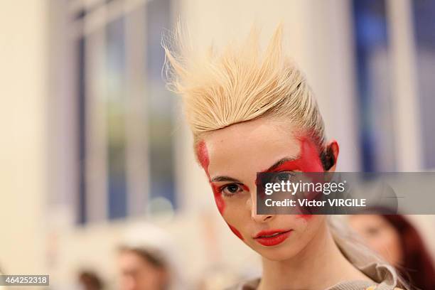 Model backstage at the Vivienne Westwood Red Label show during London Fashion Week Fall/Winter 2015/16 at Science Museum on February 22, 2015 in...