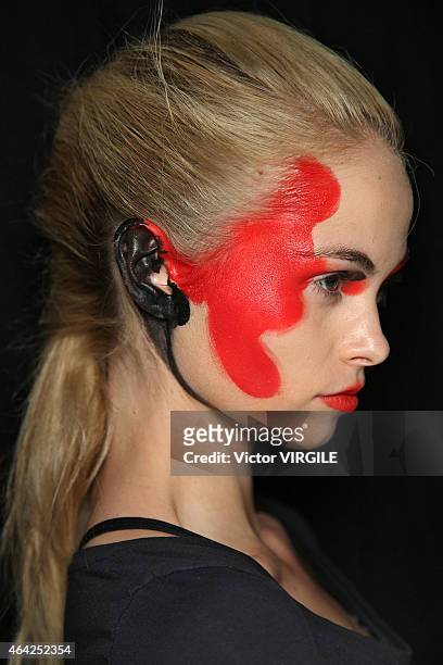 Model backstage at the Vivienne Westwood Red Label show during London Fashion Week Fall/Winter 2015/16 at Science Museum on February 22, 2015 in...