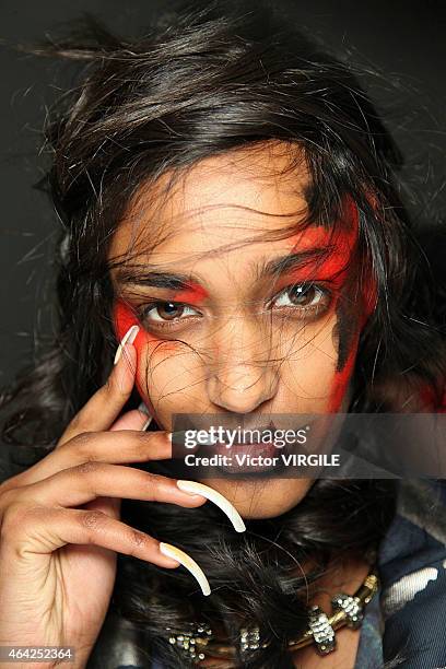 Model backstage at the Vivienne Westwood Red Label show during London Fashion Week Fall/Winter 2015/16 at Science Museum on February 22, 2015 in...