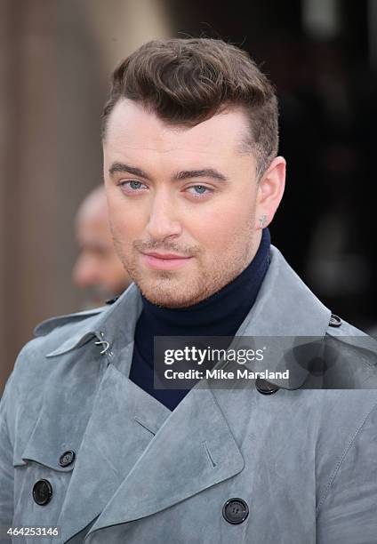 Sam Smith attends the Burberry Prosum show during London Fashion Week Fall/Winter 2015/16 at perk's Field on February 23, 2015 in London, England.