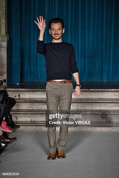 Designer Matthew Williamson walks the runway at the Matthew Williamson show during London Fashion Week Fall/Winter 2015/16 at The Criterion on...
