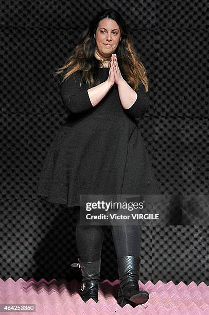 Designer Mary Katrantzou walks the runway at the Mary Katrantzou show during London Fashion Week Fall/Winter 2015/16 at Royal Horticultural Halls on...