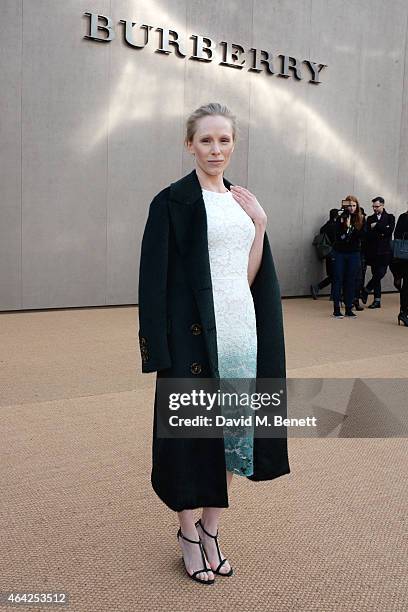 Susanne Wuest arrives at the Burberry Prorsum AW 2015 during London Fashion Week at Kensington Gardens on February 23, 2015 in London, England.