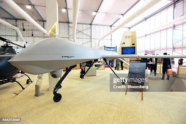 Predator EP Persistent ISR unmanned aircraft vehicle , manufactured by General Atomics Aeronautical Systems Inc., stands on display at the...