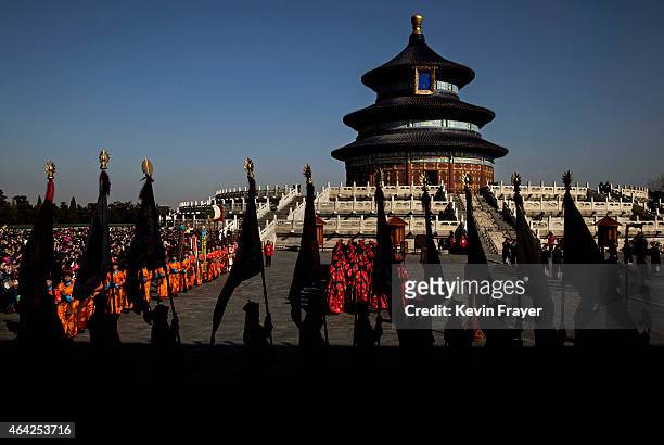 Chinese performers re-enact a Qing Dynasty ceremony at the Temple of Heaven during Spring Festival celebrations on February 23, 2015 in Beijing,...