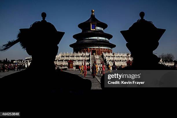 Chinese performers re-enact a Qing Dynasty ceremony at the Temple of Heaven during Spring Festival celebrations on February 23, 2015 in Beijing,...