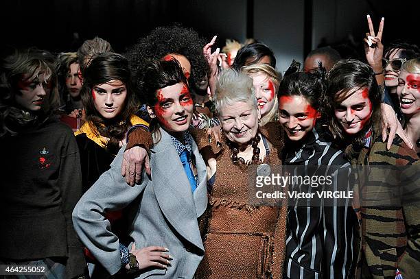 Designer Vivienne Westwood walks the runway at the Vivienne Westwood Red Label show during London Fashion Week Fall/Winter 2015/16 at Science Museum...