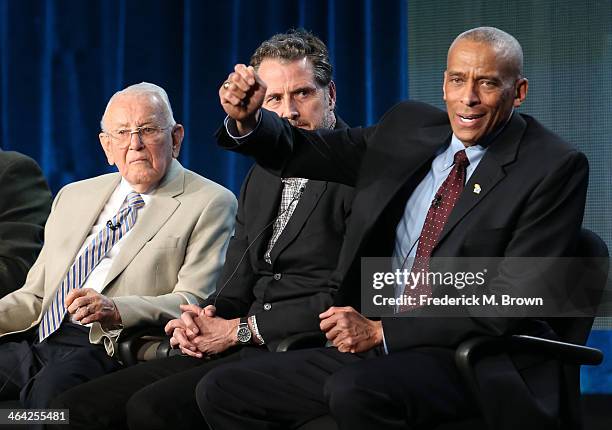 Bill Allen, World War II veteran, Doug Hamilton, producer/director/writer, and Adrian Lewis, professor of history, University of Kansas, former U.S....