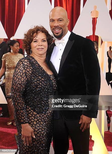 Singer Common and mom Dr. Mahalia Ann Hines arrive at the 87th Annual Academy Awards at Hollywood & Highland Center on February 22, 2015 in...