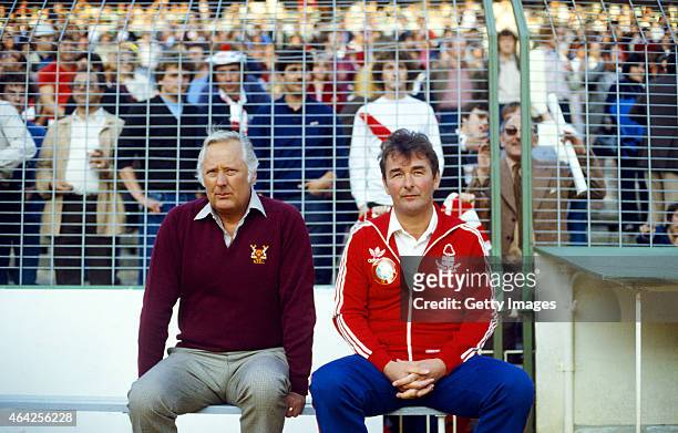 Nottingham Forest manager Brian Clough and assistant Peter Taylor look on before the 1980 European Cup Final between Hamburg SV and Nottingham Forest...