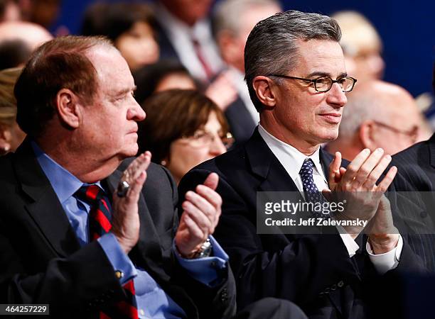 Former Governors James McGreevey and Richard Codey applaud during the inauguration of New Jersey Gov. Chris Christie for his second term on January...