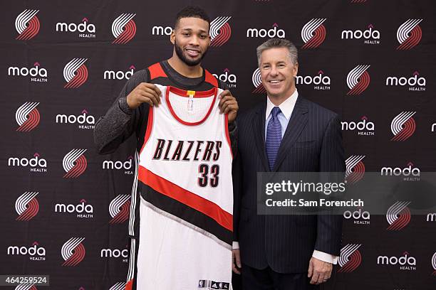 Alonzo Gee of the Portland Trail Blazers is introduced to the media by General Manager Neil Olshey on February 21, 2015 at the Trail Blazer Practice...