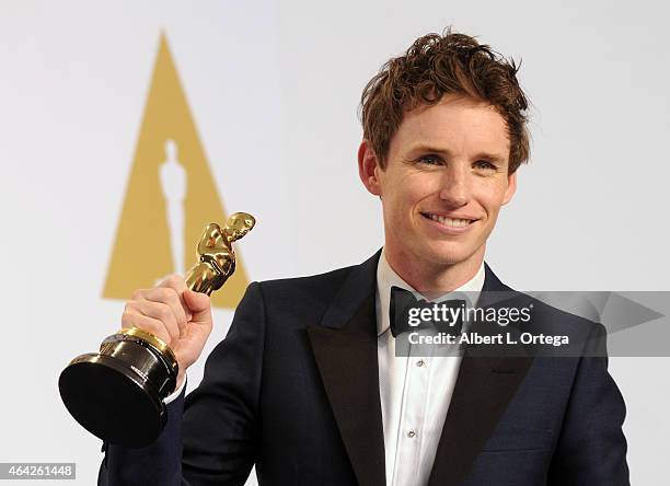 Actor Eddie Redmayne winner for Best Actor from "The Theory Of Everything" poses inside the press room of the 87th Annual Academy Awards held at...