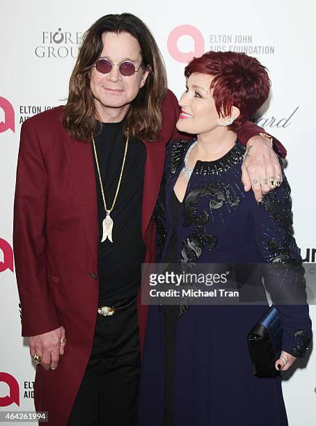 Ozzy Osbourne and Sharon Osbourne arrive at the 23rd Annual Elton John AIDS Foundation Academy Awards viewing party held at The City of West...