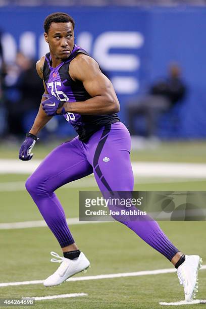 Defensive back Marcus Peters of Washington competes during the 2015 NFL Scouting Combine at Lucas Oil Stadium on February 23, 2015 in Indianapolis,...