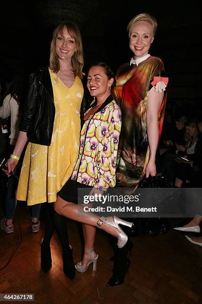 Jade Parfitt, Jaime Winstone and Gwendolyn Christie attends the GILES show during London Fashion Week Fall/Winter 2015/16 at Central Saint Martins on...