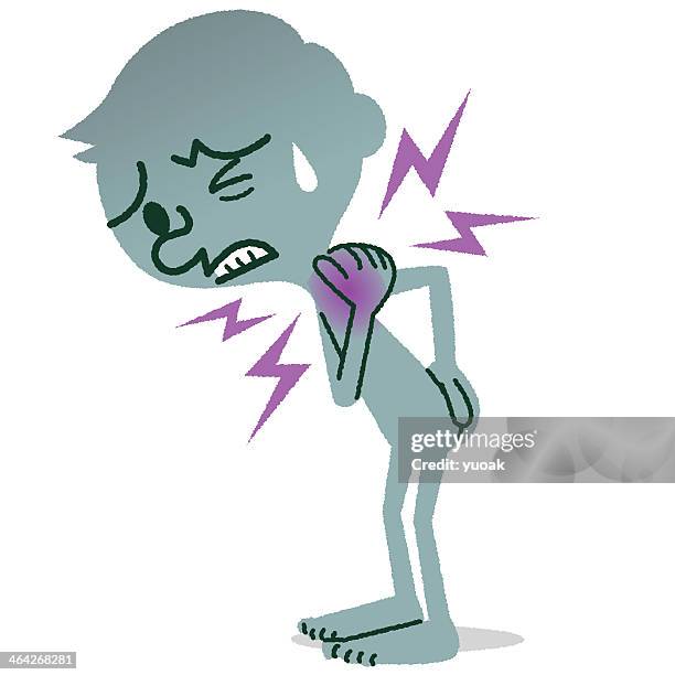 cartoon showing pain in the shoulder and lower neck region - neck muscle pain illustration stock illustrations