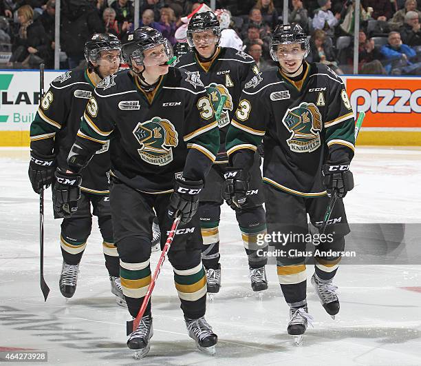 Julius Bergman of the London Knights watches the replay of his goal against the Oshawa Generals during an OHL game at Budweiser Gardens on February...