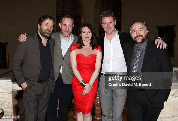 The cast Ardal O'Hanlon; Peter McDonald; Dervla Kirwan; Risteard Cooper; Brian Cox attend an after party following their press night performance of...