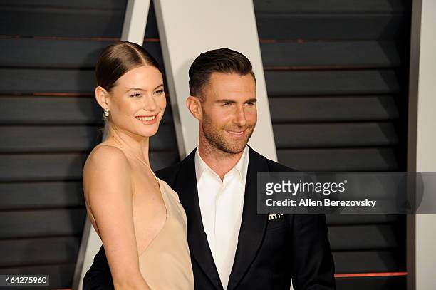 Singer Adam Levine and Behati Prinsloo attend the 2015 Vanity Fair Oscar Party hosted by Graydon Carter at Wallis Annenberg Center for the Performing...