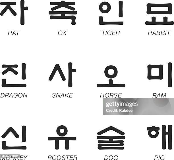 stockillustraties, clipart, cartoons en iconen met korean zodiac characters silhouette icons - koreaans schrift