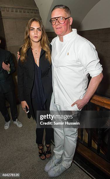 Cara Delevingne poses with designer Giles Deacon backstage at the GILES show during London Fashion Week Fall/Winter 2015/16 at Central Saint Martins...