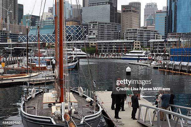 King Harald V and Queen Sonja of Norway view the 'Kathleen Gillett Ketch' at the Australian National Maritime Museum on February 24, 2015 in Sydney,...