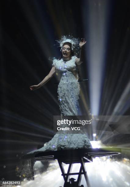 English singer Sarah Brightman performs on stage during her concert at Shanghai Grand Stage on January 21, 2014 in Shanghai, China.